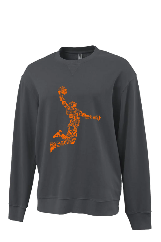 Gray sweatshirt with orange graphic design on a white background. Paper Street Print Co, Blairstown, NJ.