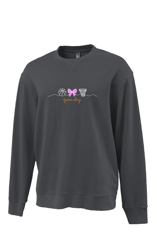 Dark gray sweatshirt with sports-themed design on a white background. Paper Street Print Co, Blairstown, NJ.