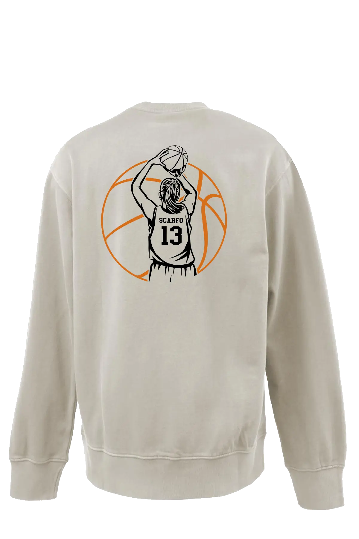 Beige sweatshirt with a graphic of a basketball player and number 13 on the back, on a white background. Paper Street Print Co, Blairstown, NJ.