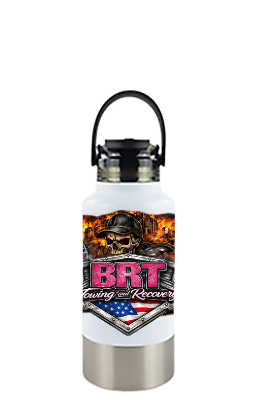 Stainless steel water bottle with BRT Towing and Recovery design on a white background. BRT Towing and Recovery, Paper Street Print Co, Blairstown, NJ.