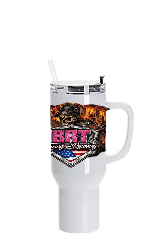 White travel mug with BRT logo and design on a white background. BRT Towing and Recovery, Paper Street Print Co, Blairstown, NJ.