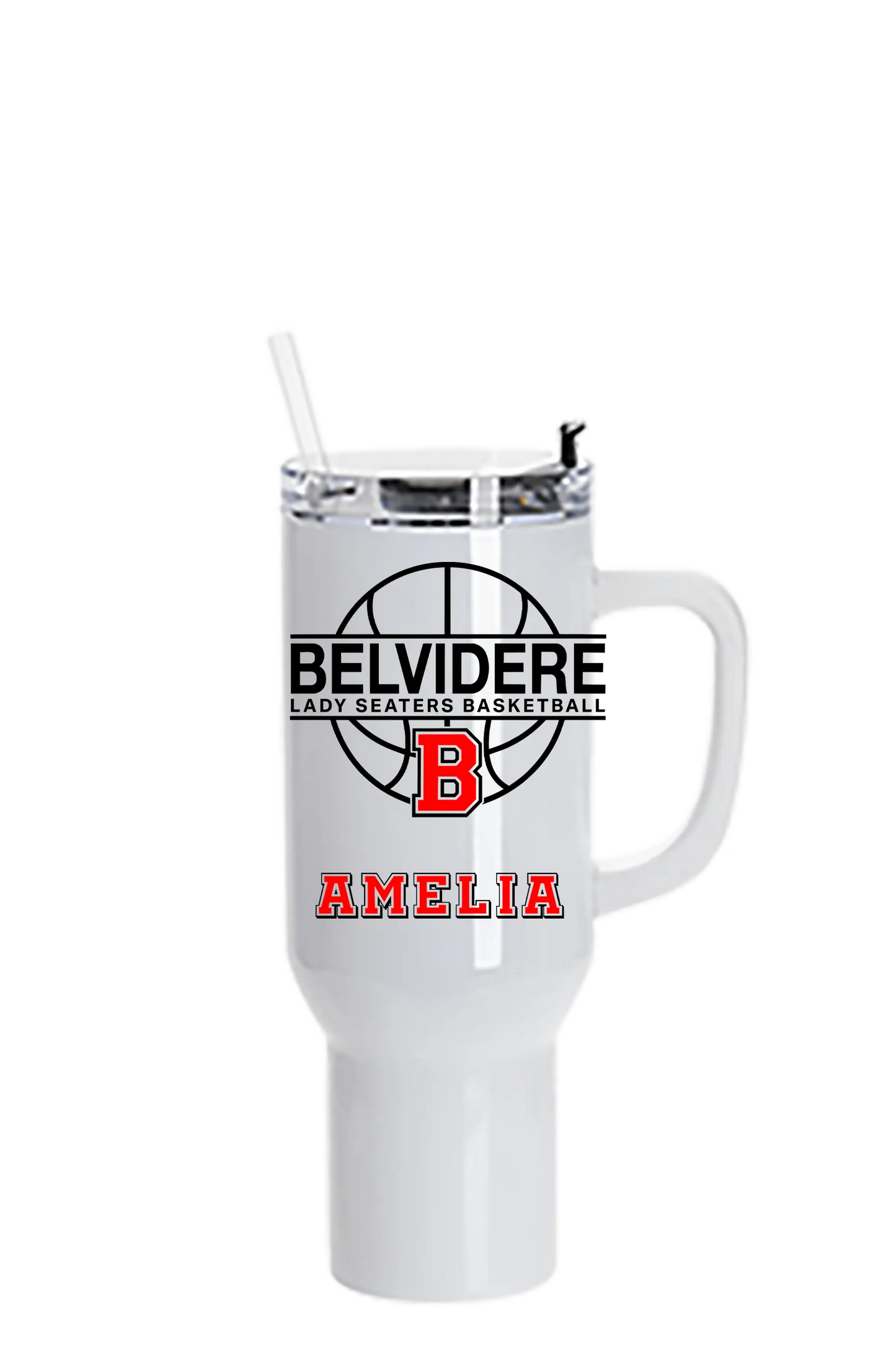 A white insulated travel tumbler with a handle, clear lid, and straw. The front features a black basketball graphic with the text 'BELVIDERE LADY SEATERS BASKETBALL', a red block 'B', and the name 'AMELIA' in red. Paper Street Print Co, Blairstown, NJ.