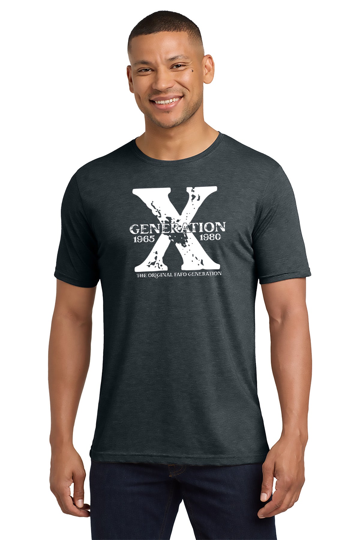 Man wearing a dark gray t-shirt with a white graphic design on a white background - Paper Street Print Co, Blairstown, NJ.