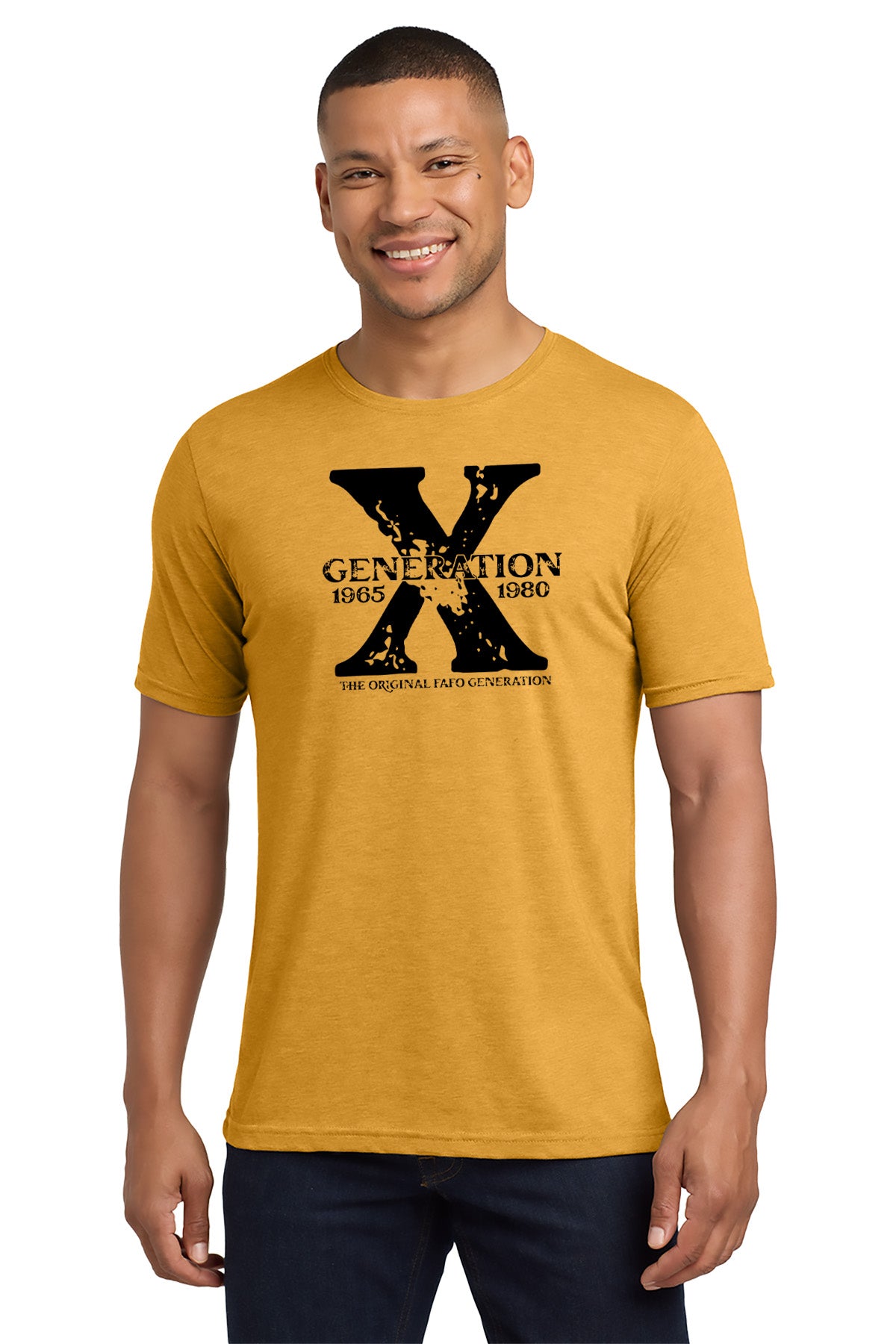 Man wearing a mustard yellow t-shirt with a black graphic design on a white background - Paper Street Print Co, Blairstown, NJ.