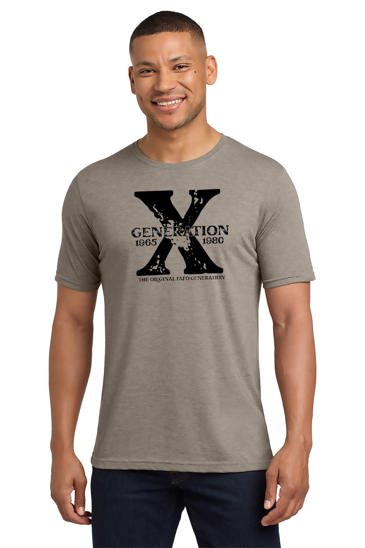 Man wearing a gray t-shirt with a black 'Generation X' logo on a white background - Paper Street Print Co, Blairstown, NJ.
