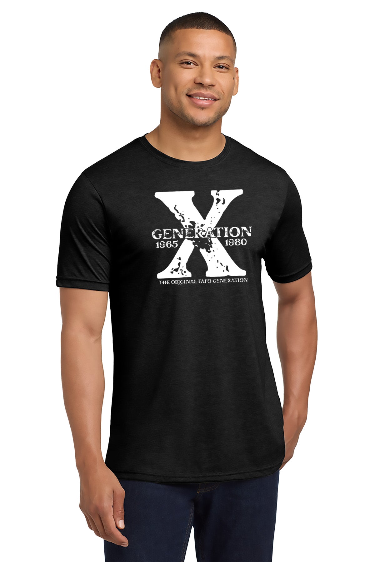 Man wearing a black t-shirt with 'Generation X' design on a white background - Paper Street Print Co, Blairstown, NJ.