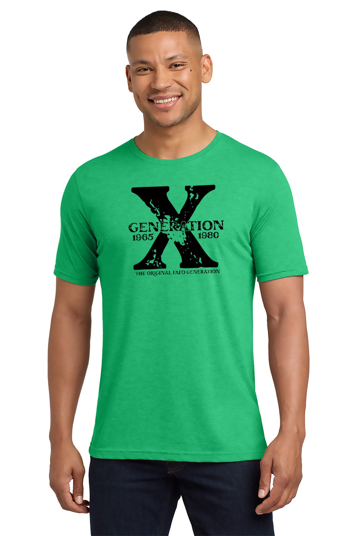 Man wearing a green t-shirt with a black graphic design on a white background - Paper Street Print Co, Blairstown, NJ.