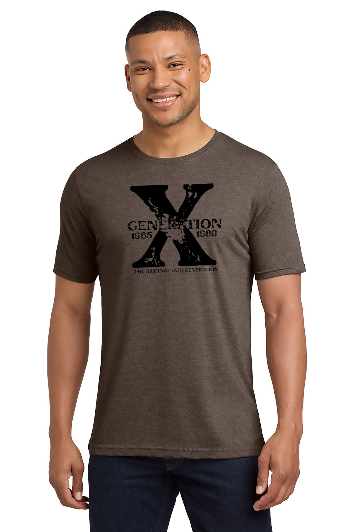Man wearing a brown t-shirt with 'Generation X' logo on a white background - Paper Street Print Co, Blairstown, NJ.