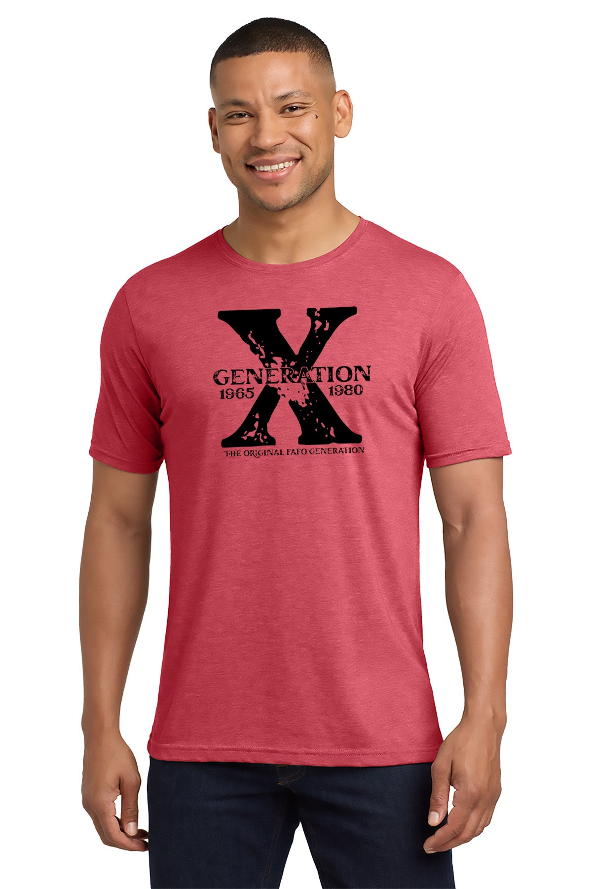 Man wearing a red t-shirt with a black graphic design on a white background - Paper Street Print Co, Blairstown, NJ.