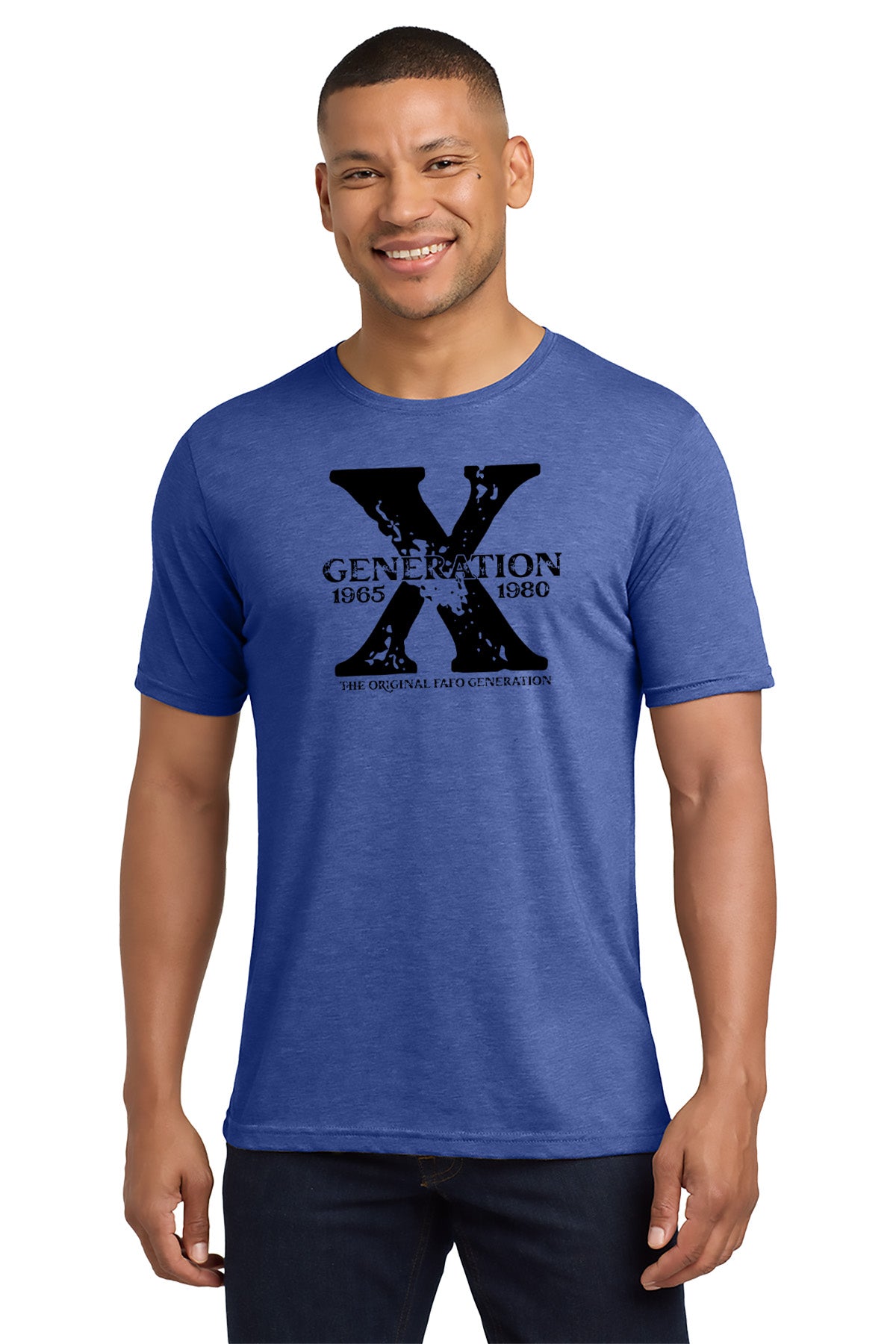 Man wearing a blue t-shirt with a black graphic and text on a white background - Paper Street Print Co, Blairstown, NJ.