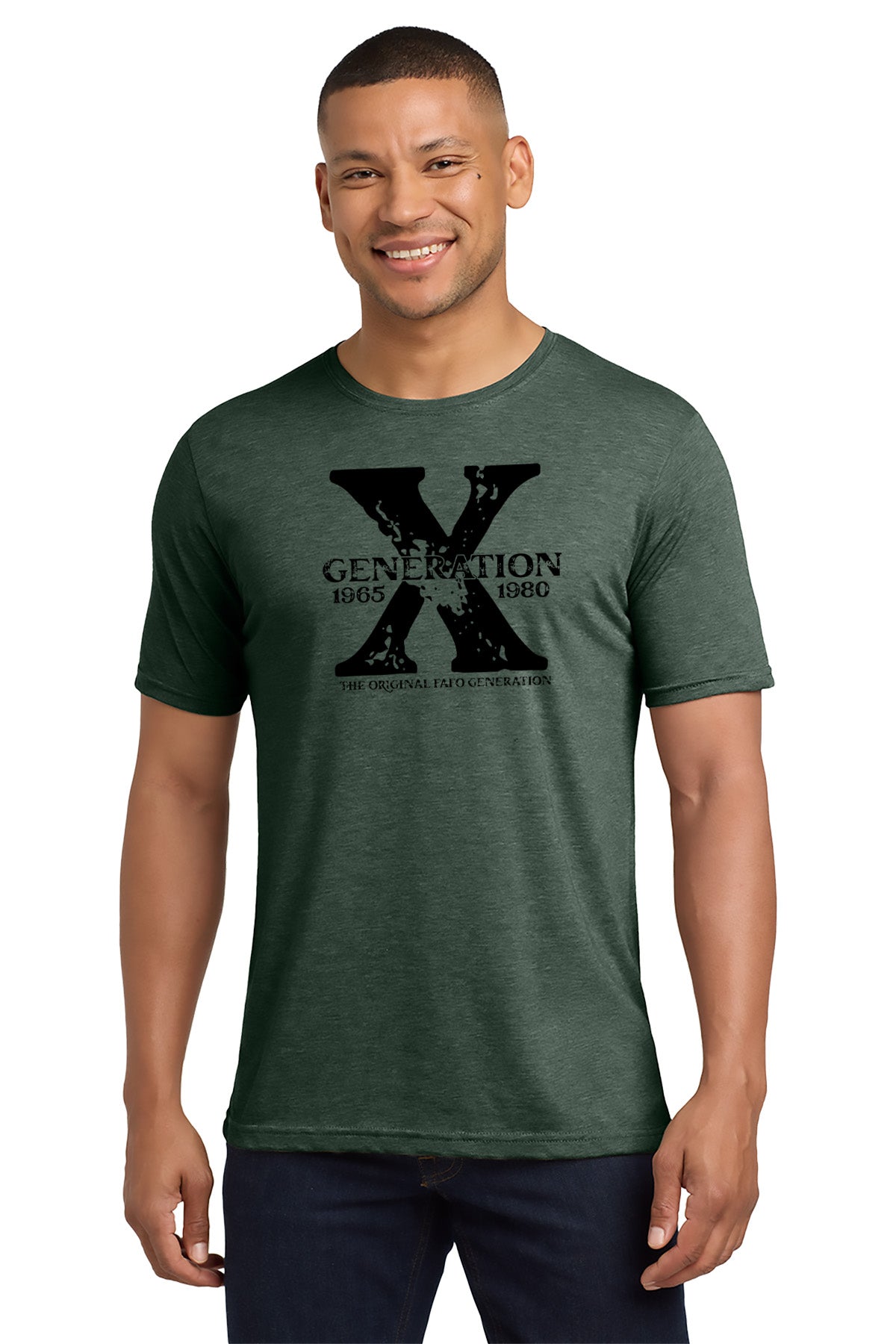 Man wearing a green t-shirt with a black graphic design on a white background - Paper Street Print Co, Blairstown, NJ.