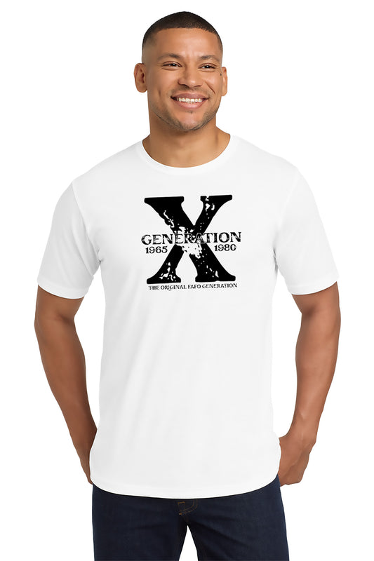Man wearing a white t-shirt with 'X Generation' logo on a white background - Paper Street Print Co, Blairstown, NJ.