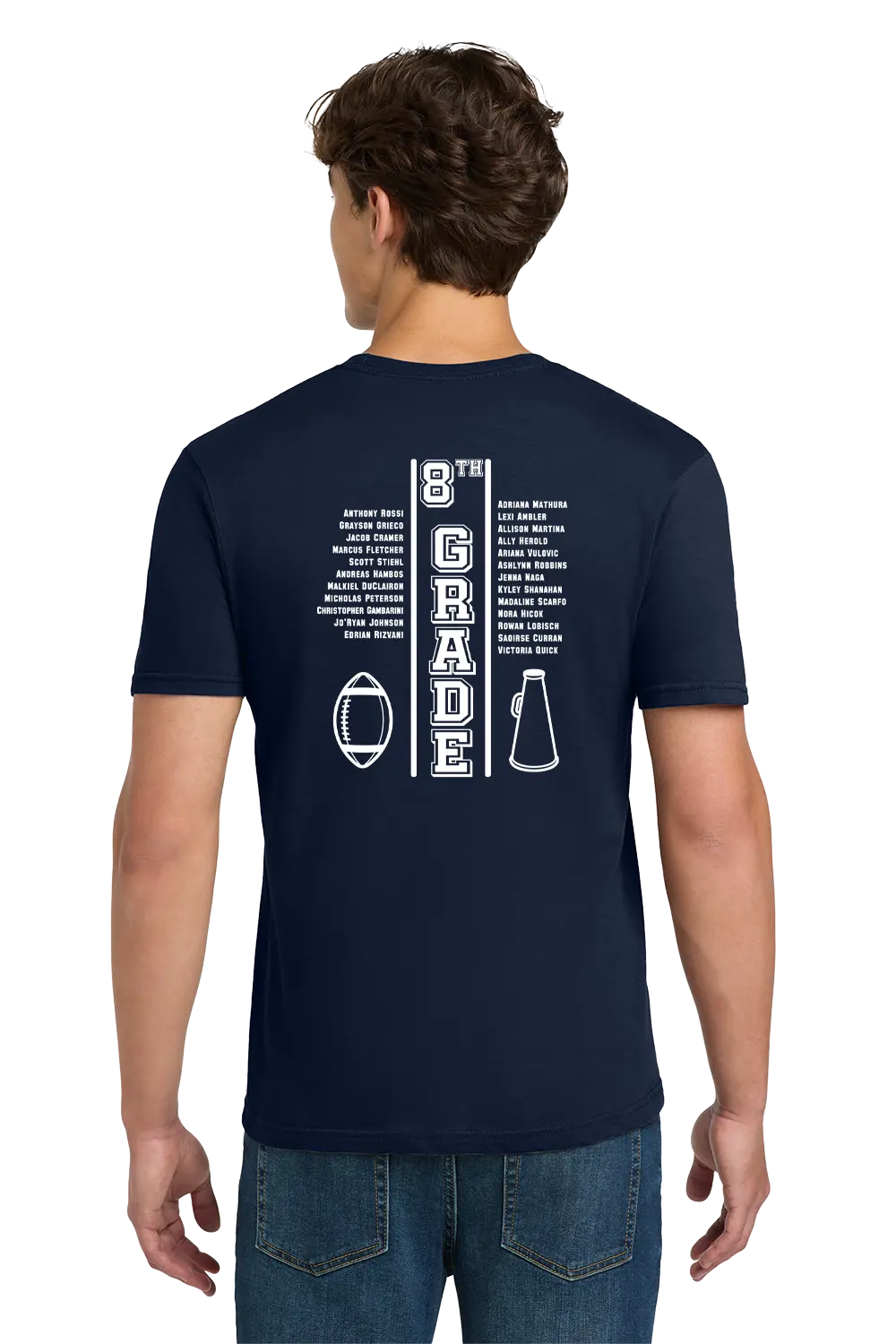 Person wearing a navy blue t-shirt with '8th Grade' design on the back, standing against a white background. Paper Street Print Co, Blairstown, NJ.
