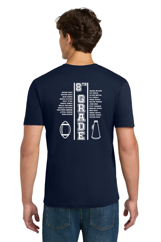 Person wearing a navy blue t-shirt with '8th Grade' design on the back, standing against a white background. Paper Street Print Co, Blairstown, NJ.