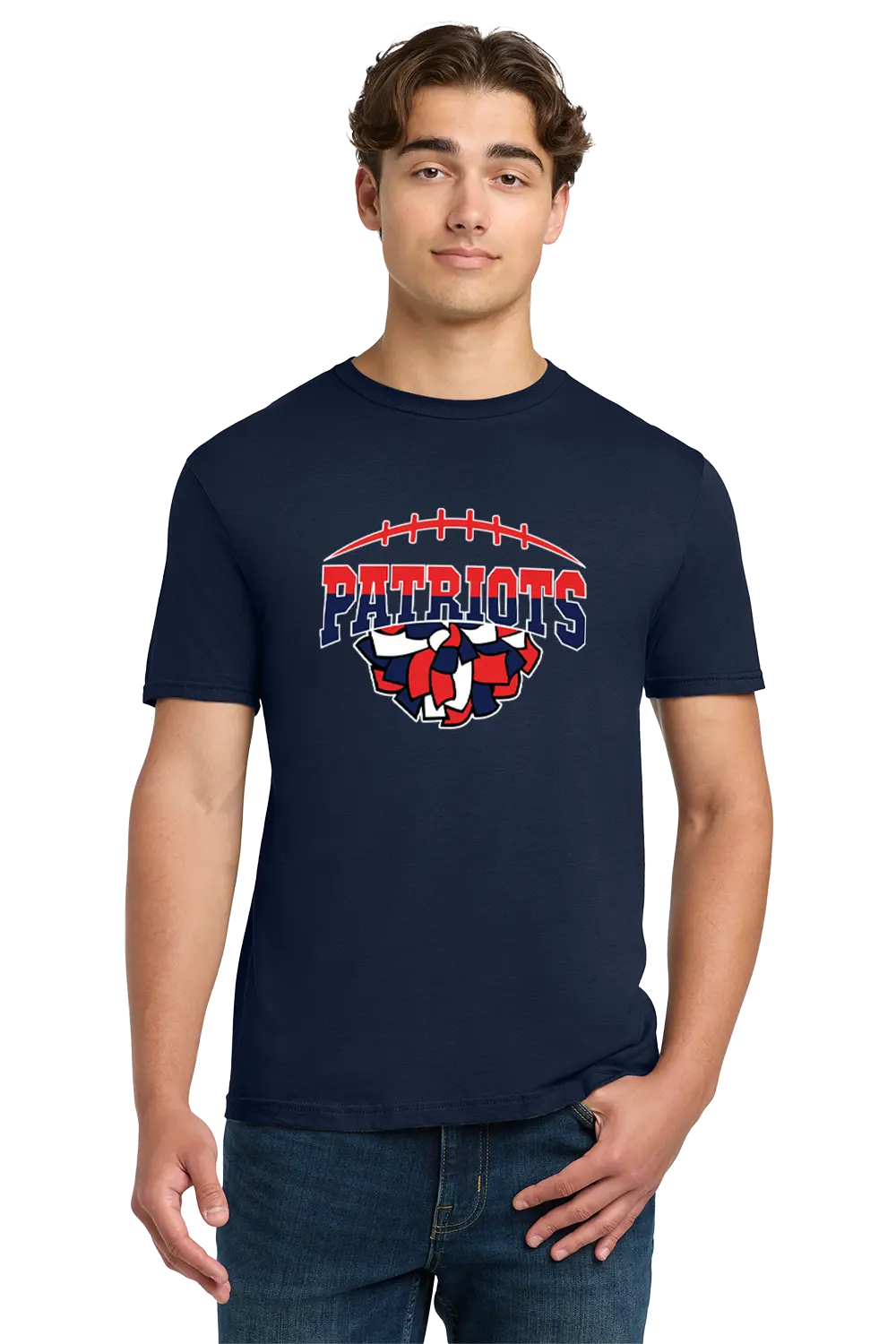 Person wearing a navy blue t-shirt with 'Patriots' logo on a white background. Paper Street Print Co, Blairstown, NJ.
