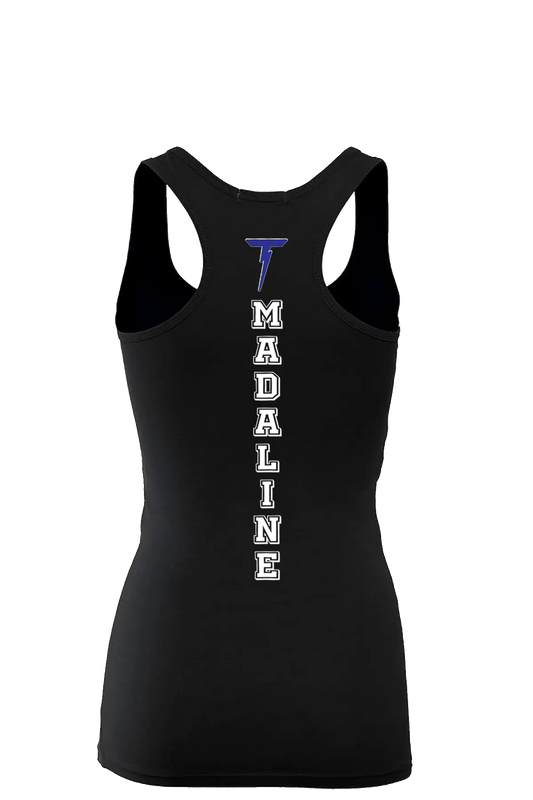 Black tank top with 'T Madaline' printed on the back against a white background. Paper Street Print Co, Blairstown, NJ.