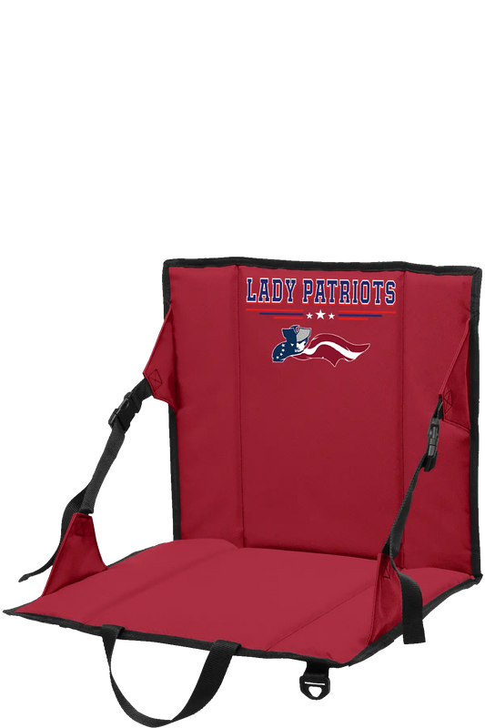 Red stadium seat with black straps on a white background. Paper Street Print Co, Blairstown, NJ.