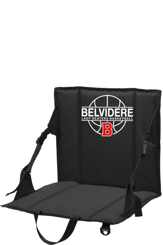 Black portable folding stadium seat with Belvidere Lady Seaters Basketball logo on the backrest, shown on a white background. Paper Street Print Co, Blairstown, NJ.