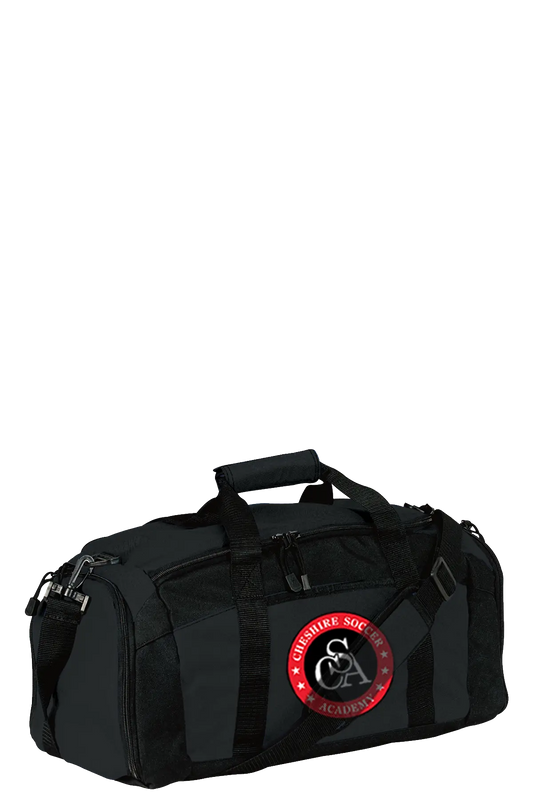 Black duffel bag with a red and white logo on a white background. Paper Street Print Co, Blairstown, NJ.