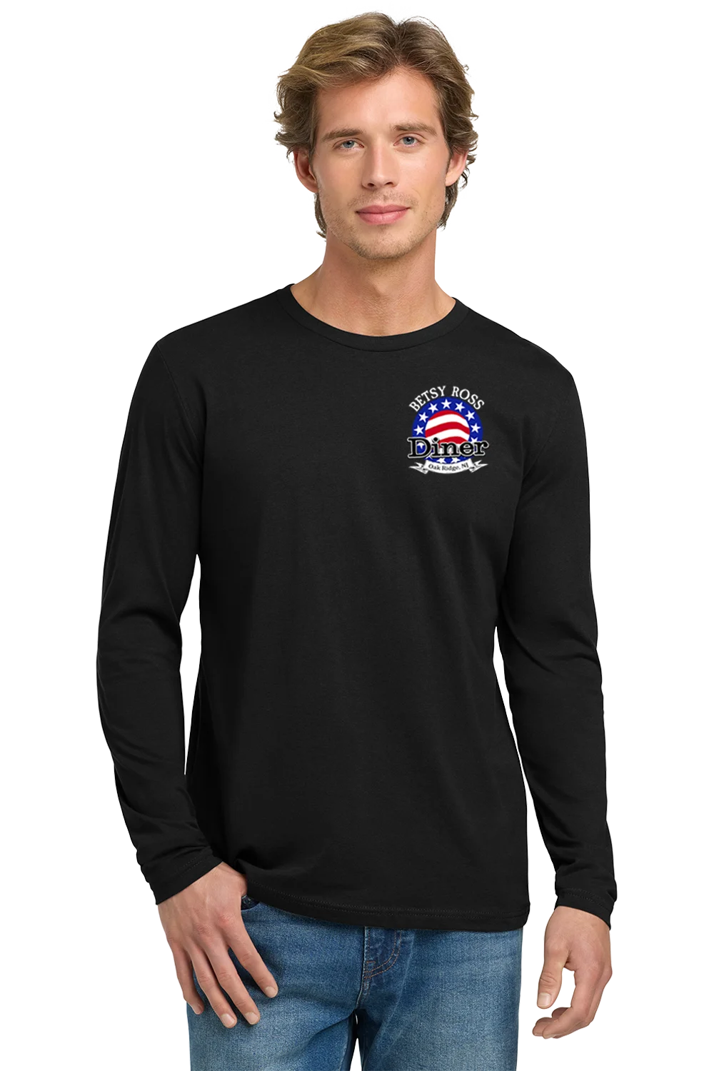 Man wearing a black long-sleeve shirt with a graphic design on a white background. Paper Street Print Co, Blairstown, NJ,