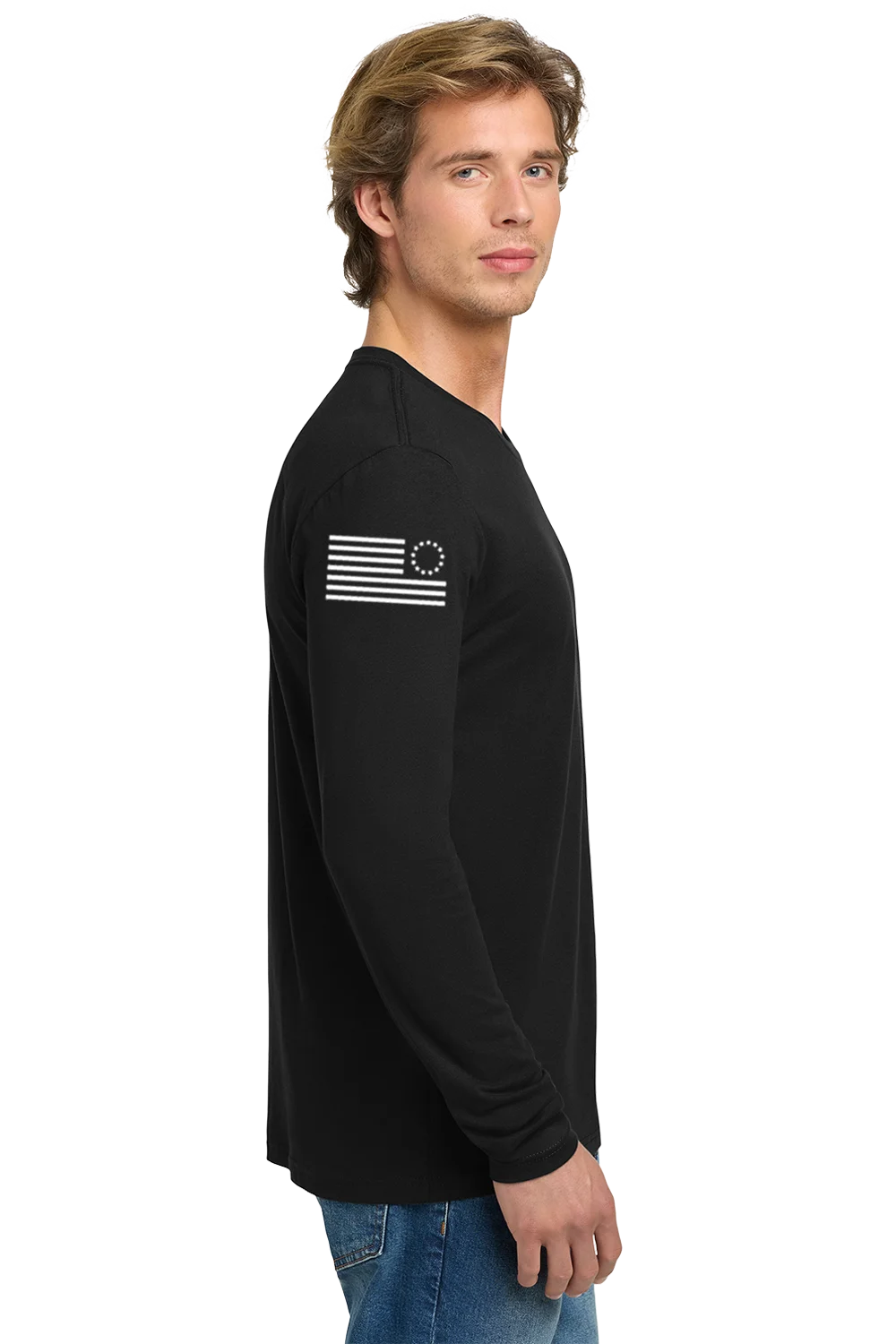 Man wearing a black long-sleeve shirt with a flag design on a white background. Paper Street Print Co, Blairstown, NJ,