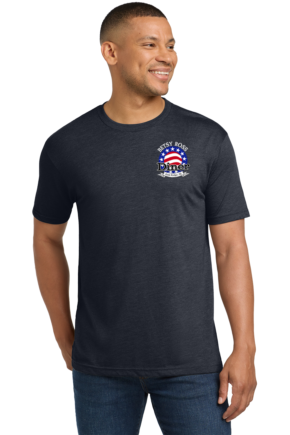 Man wearing a black t-shirt with a logo on a white background. Paper Street Print Co, Blairstown, NJ.