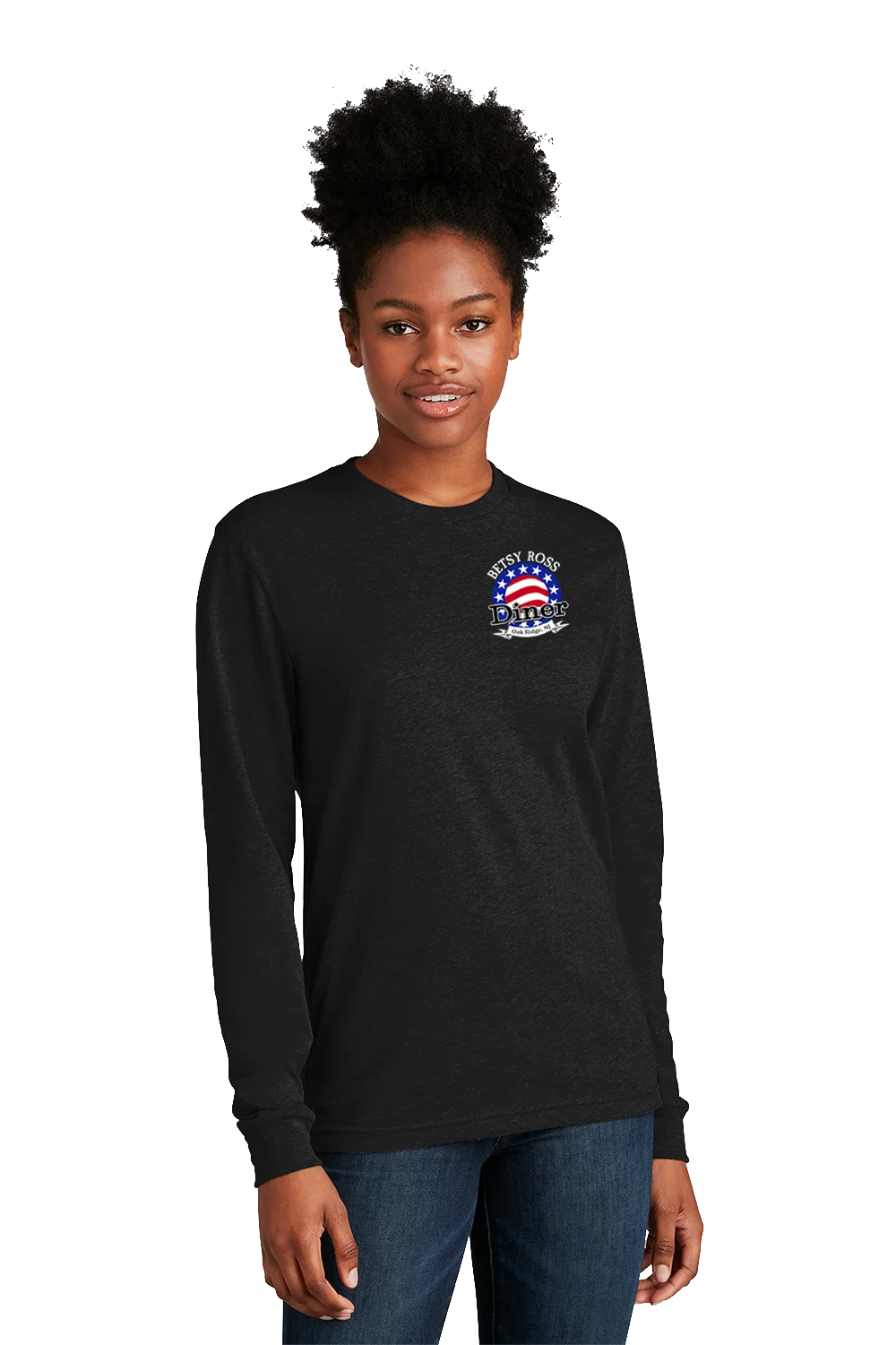 Person wearing a black long-sleeve shirt with a logo on a white background. Paper Street Print Co, Blairstown, NJ,