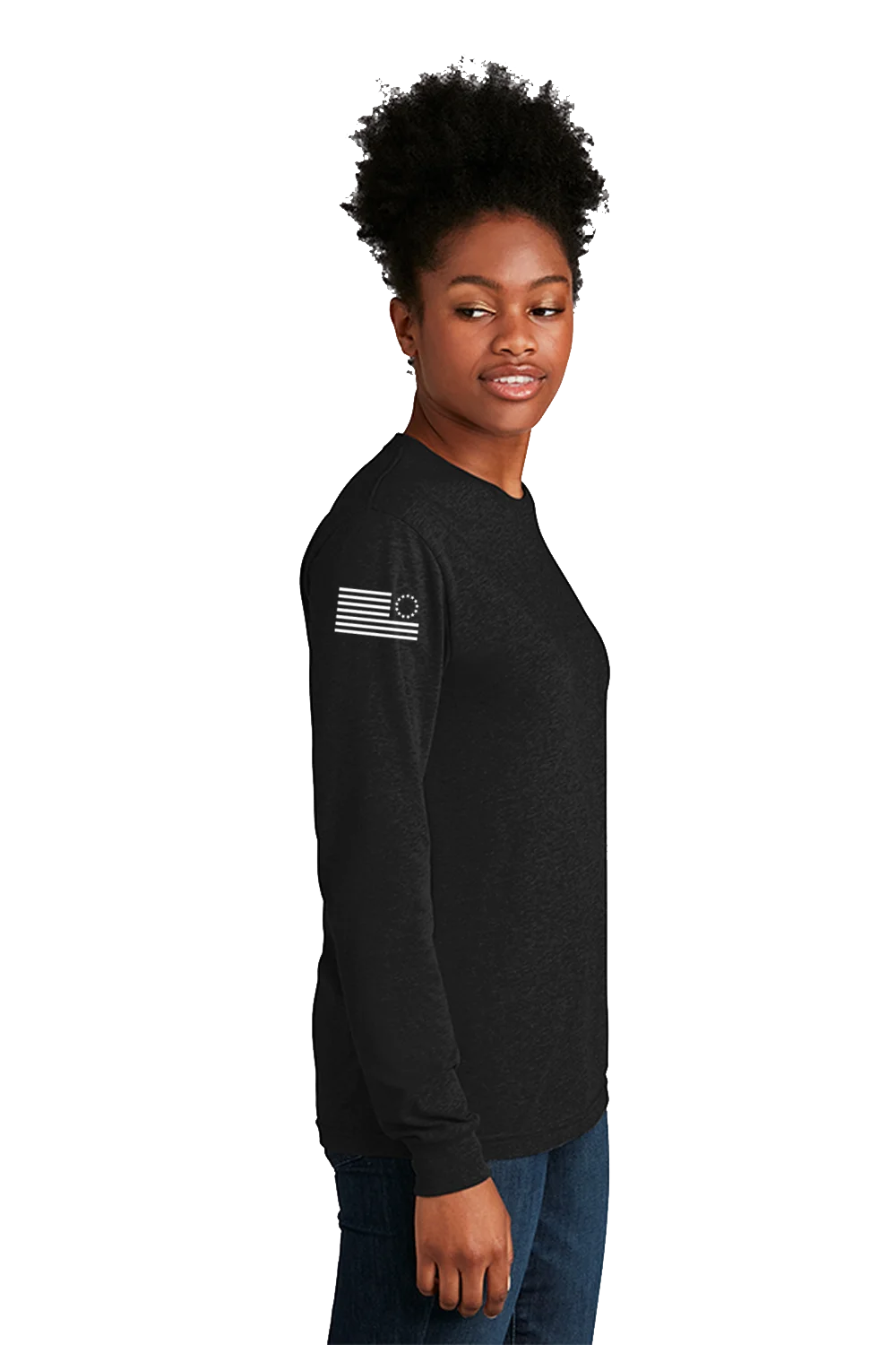 Person wearing a black long-sleeve shirt with a flag design on a white background. Paper Street Print Co, Blairstown, NJ,