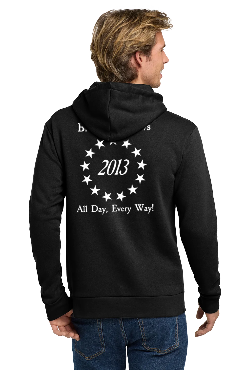 Person wearing a black hoodie with text on the back, standing against a white background. Paper Street Print Co, Blairstown, NJ.