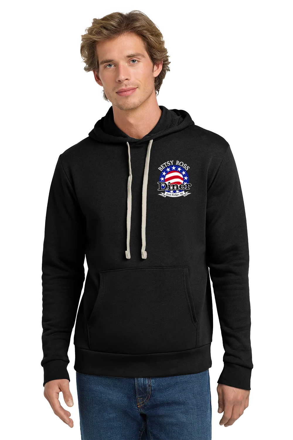 Man wearing a black hoodie with a logo on a white background. Paper Street Print Co, Blairstown, NJ.