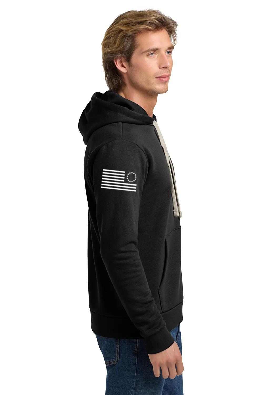 Man wearing a black hoodie with a flag design on a white background. Paper Street Print Co, Blairstown, NJ.