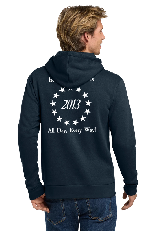 Navy hoodie with white text on the back, worn by a person on a white background.