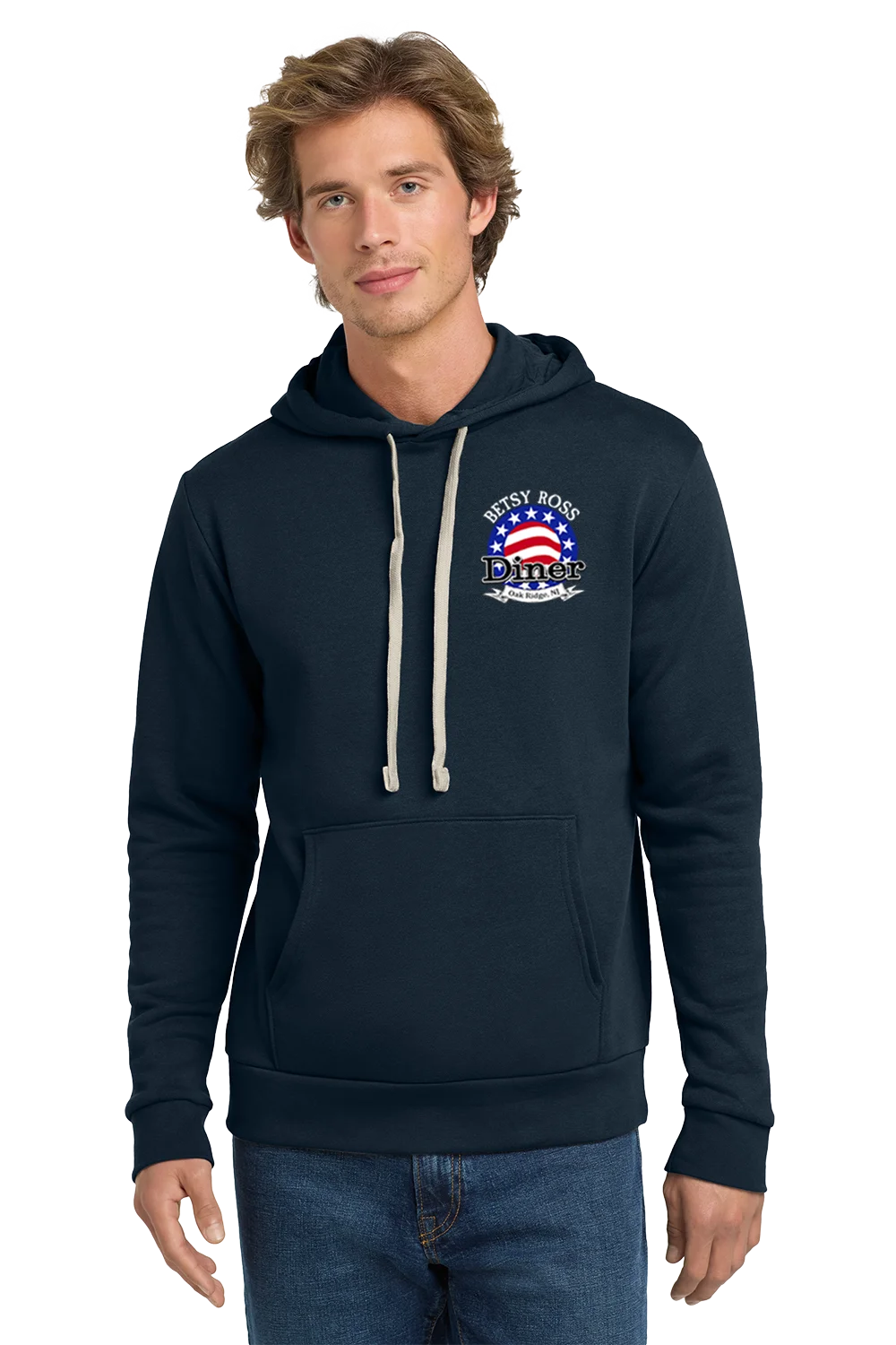Man wearing a navy blue hoodie with a logo on a white background. Paper Street Print Co, Blairstown, NJ.