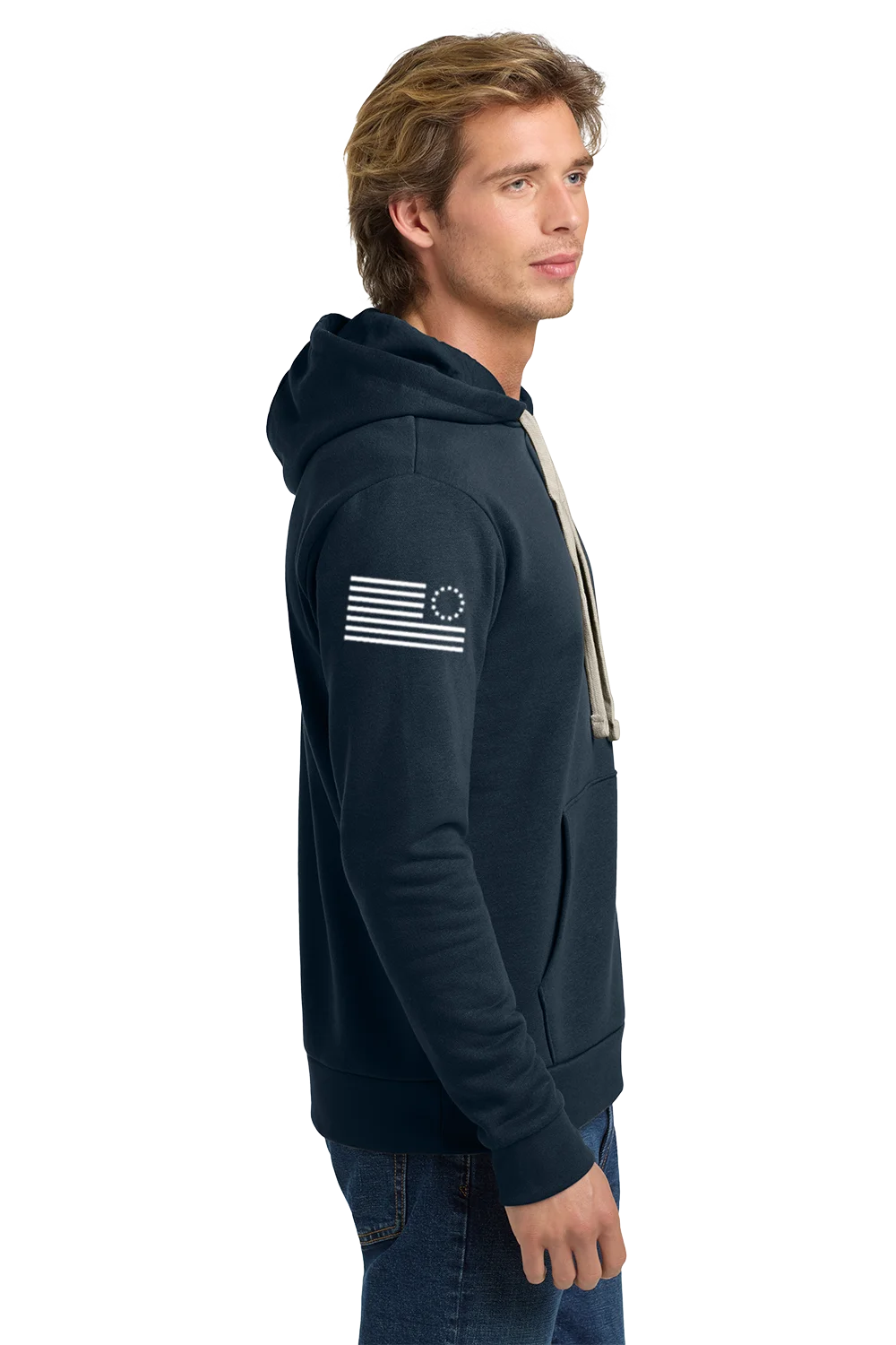 Man wearing a navy hoodie with a flag design on a white background. Paper Street Print Co, Blairstown, NJ.