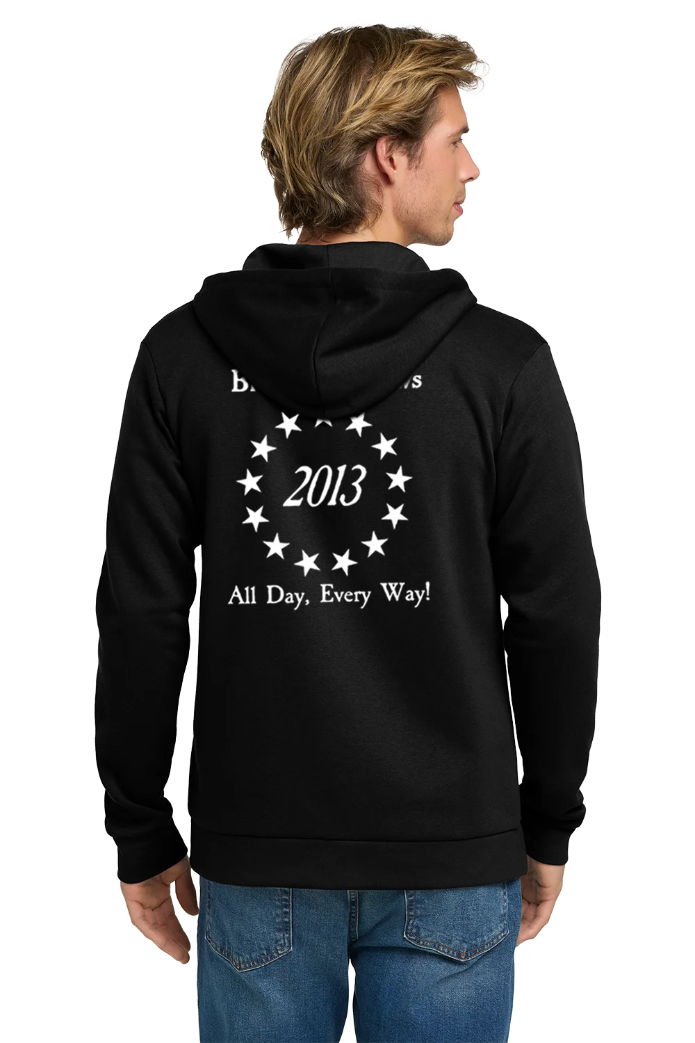 Person wearing a black hoodie with white text and design on the back, standing against a white background. Paper Street Print Co, Blairstown, NJ,