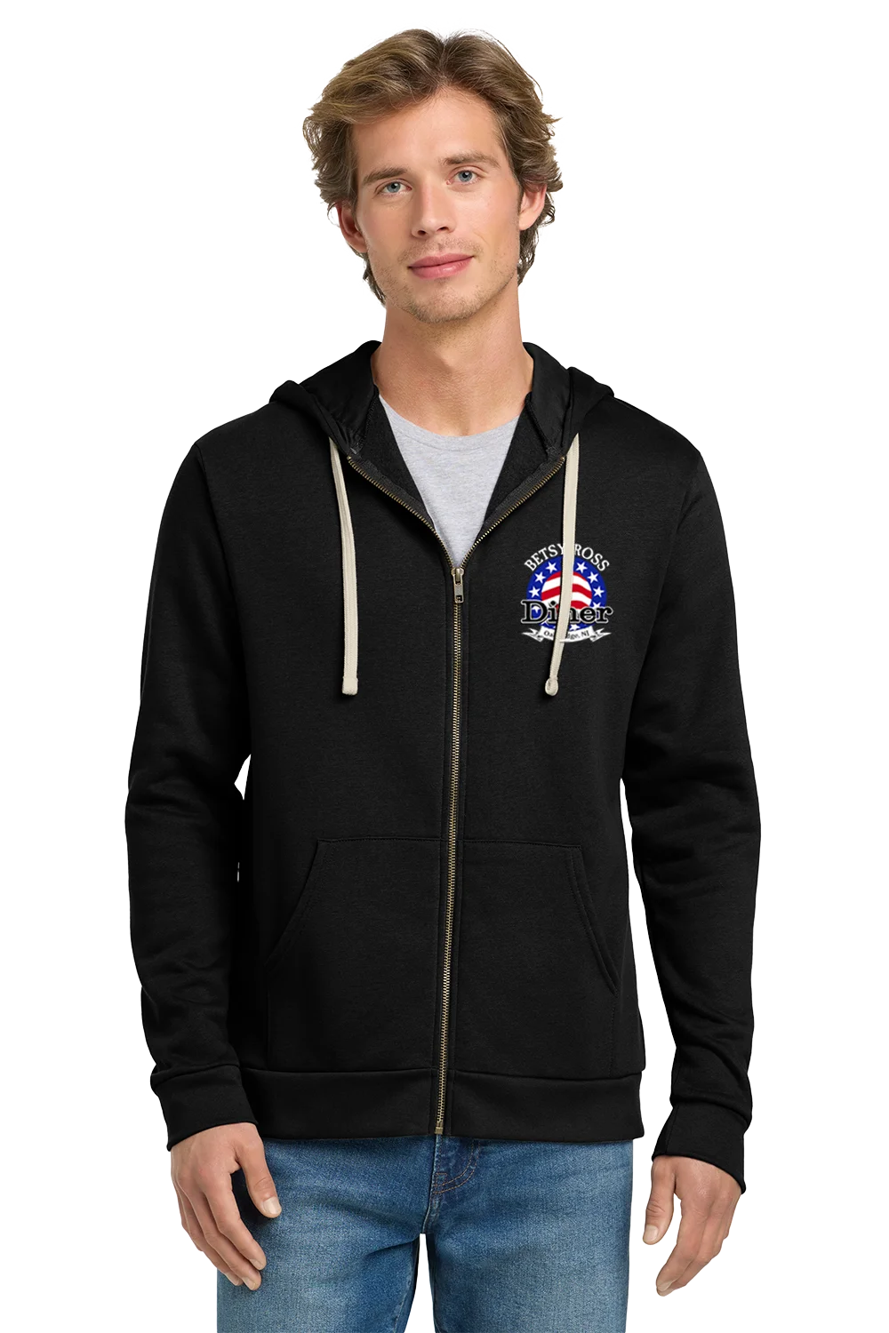 Man wearing a black hoodie with a logo on a white background. Paper Street Print Co, Blairstown, NJ,