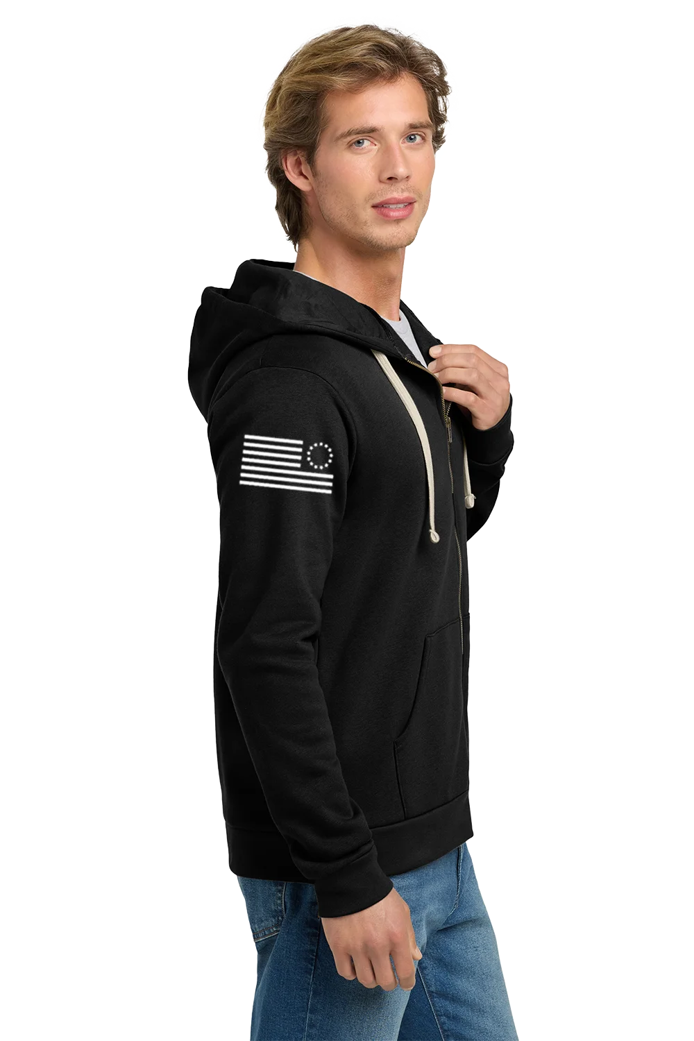 Man wearing a black hoodie with a flag design on a white background. Paper Street Print Co, Blairstown, NJ,