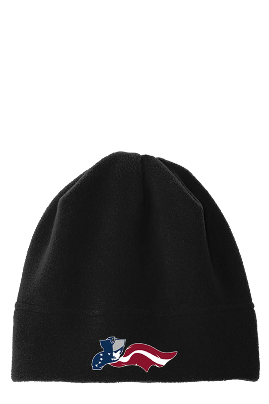 Black beanie with a colorful logo on a white background. Paper Street Print Co, Blairstown, NJ.