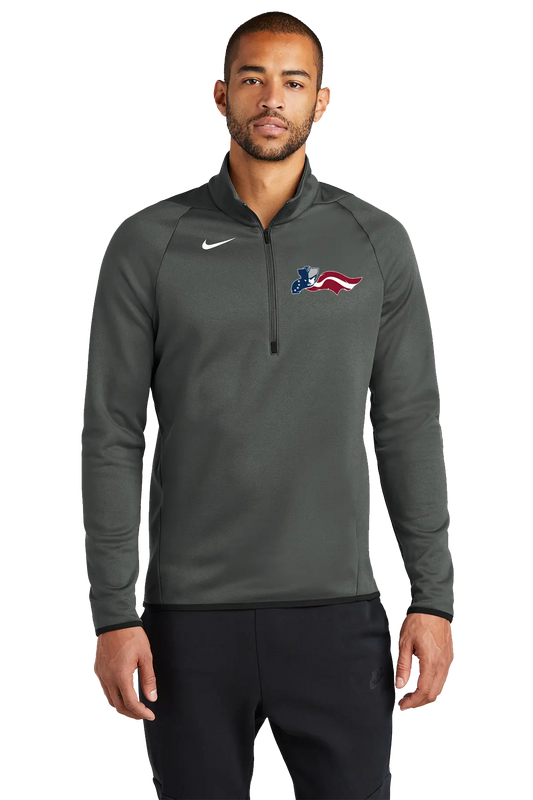 Man wearing a gray Nike pullover with a logo on a white background. Paper Street Print Co, Blairstown, NJ.