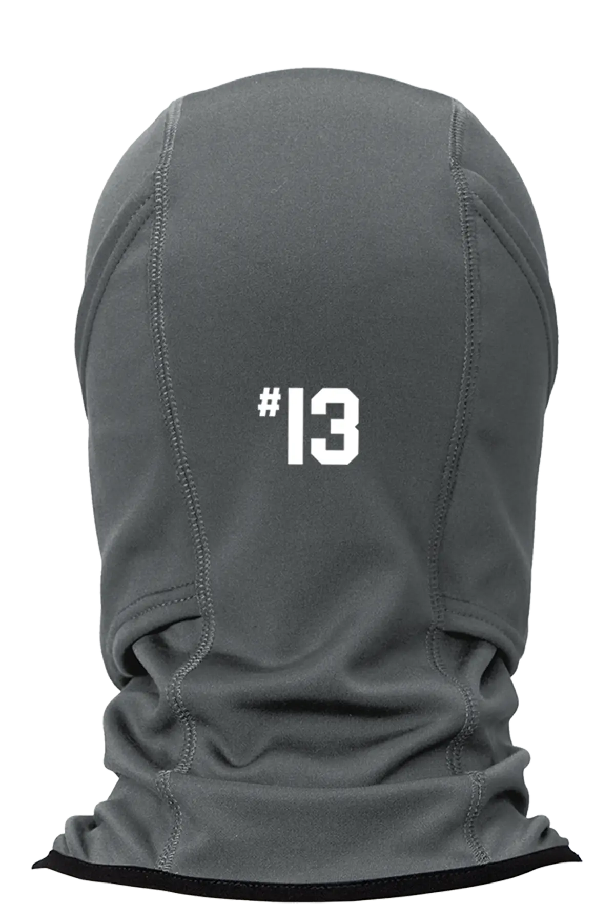 Gray balaclava with '#13' printed on a white background. Paper Street Print Co, Blairstown, NJ.