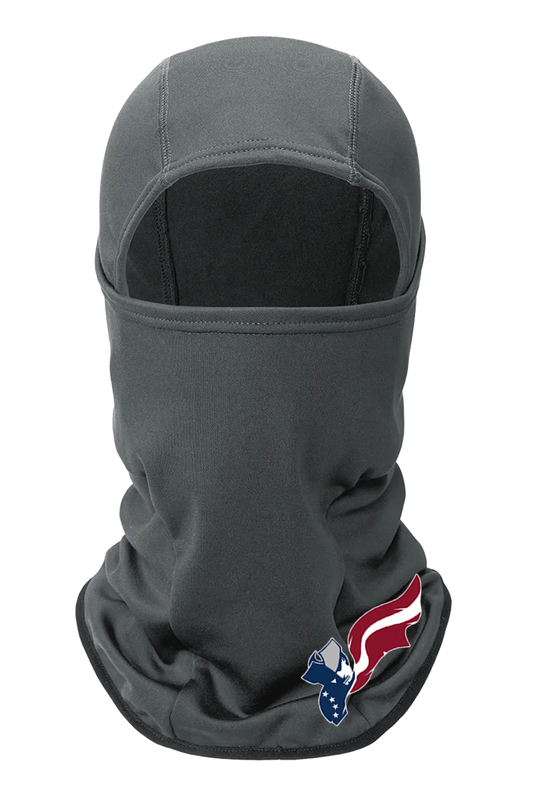 Gray balaclava with a logo on a white background. Paper Street Print Co, Blairstown, NJ.