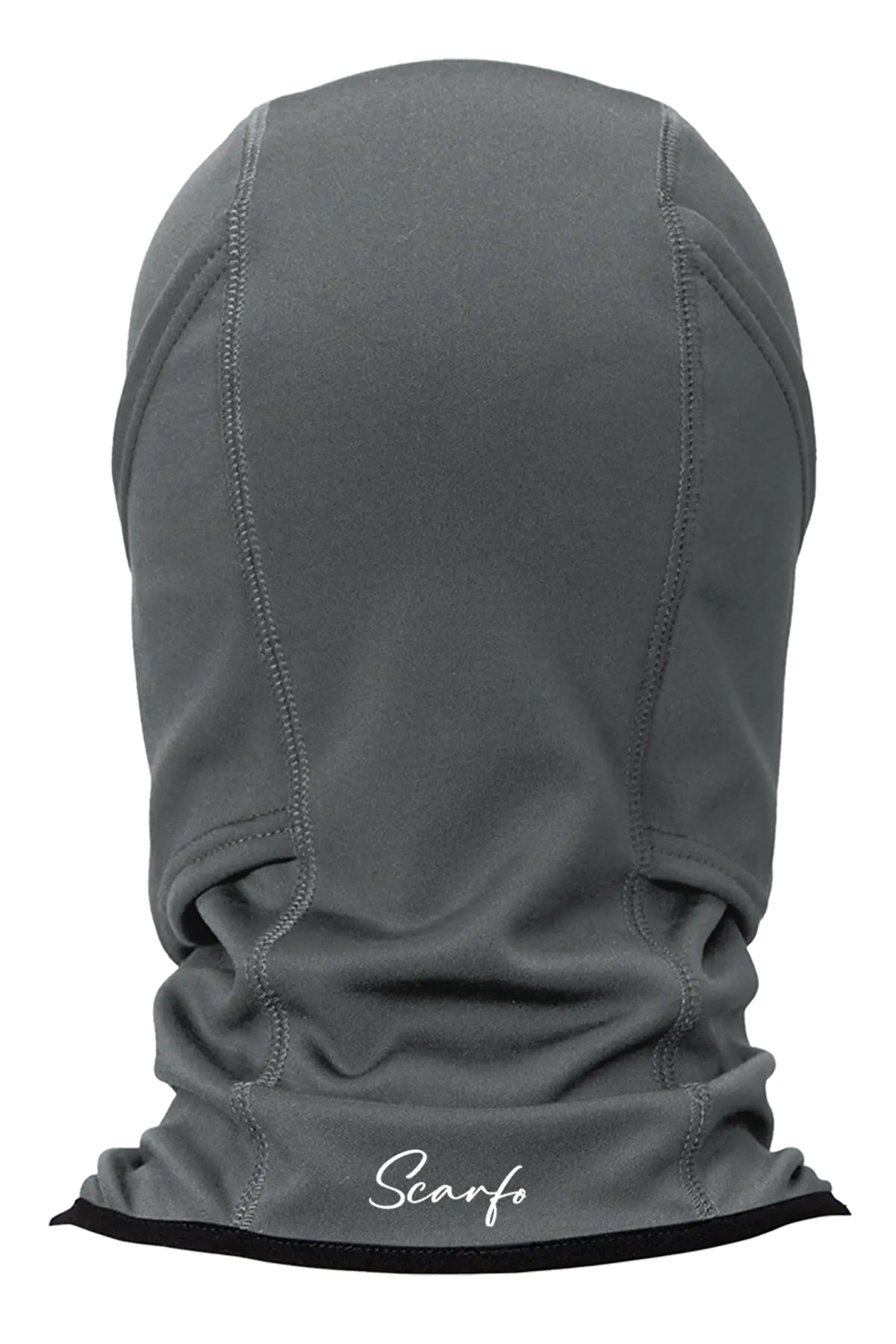 Gray balaclava with 'Scarfo' branding on a white background. Paper Street Print Co, Blairstown, NJ.
