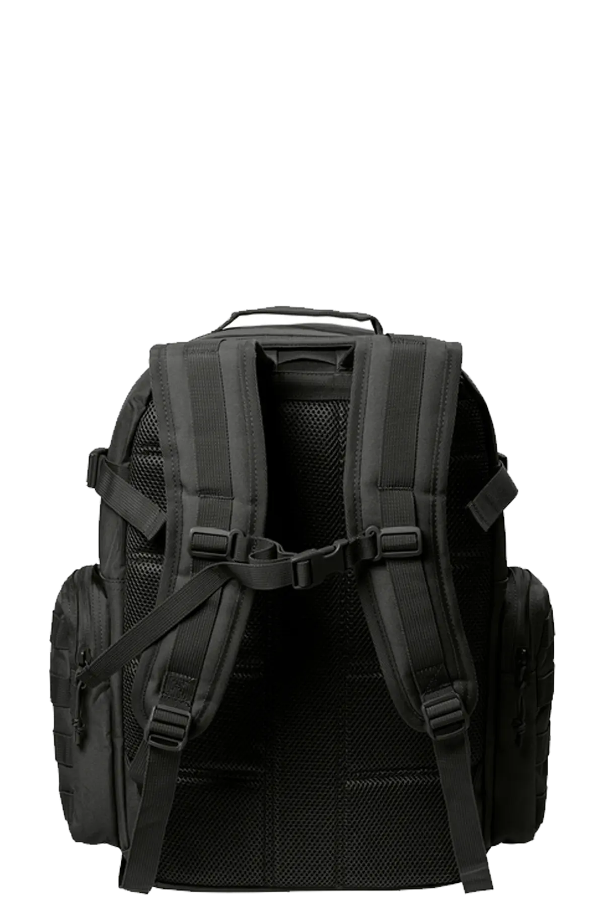 Black backpack with multiple straps on a white background. BRT Towing & Recovery, Paper Street Print Co, Blairstown, NJ.