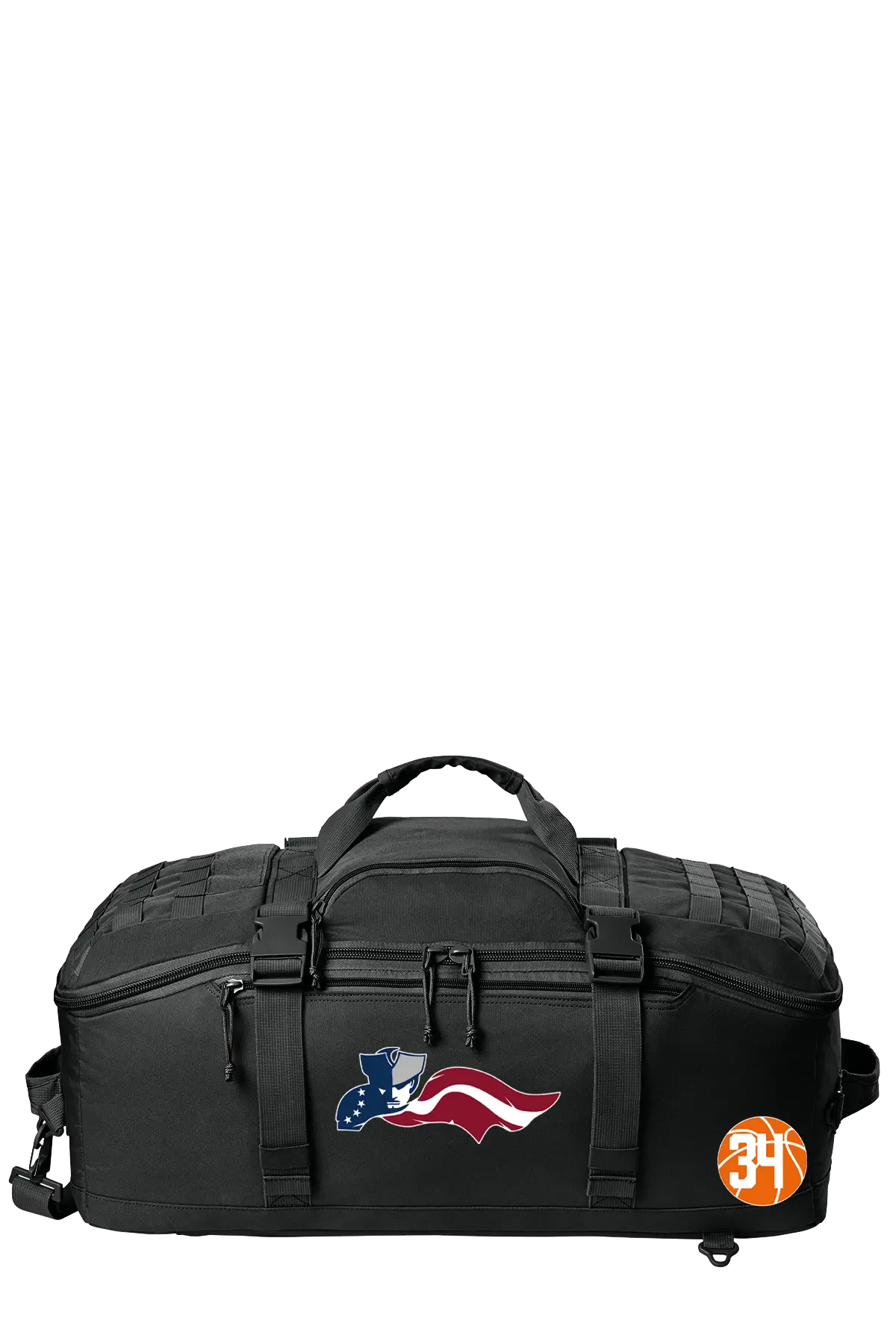 Black duffel bag with patriotic design and logo on a white background. Paper Street Print Co, Blairstown, NJ.