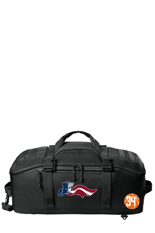 Black duffel bag with patriotic design and logo on a white background. Paper Street Print Co, Blairstown, NJ.