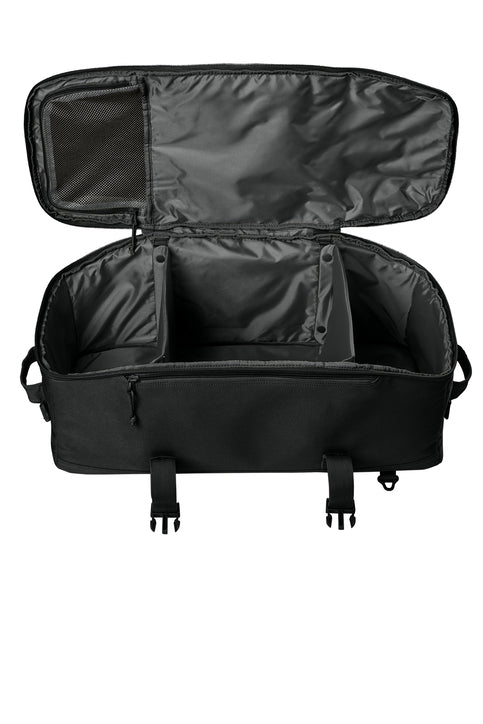 Black open tactical duffel bag on a white background. Ron and Sons Towing, Paper Street Print Co, Blairstown, NJ.