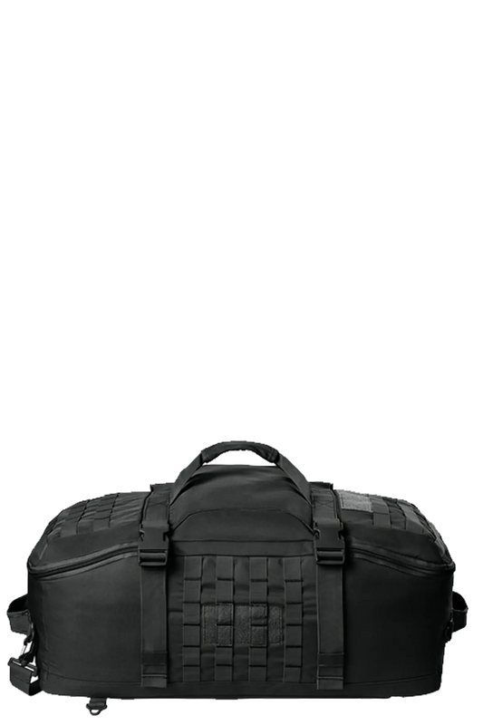 Black tactical duffel bag on a white background. BRT Towing & Recovery, Paper Street Print Co, Blairstown, NJ.