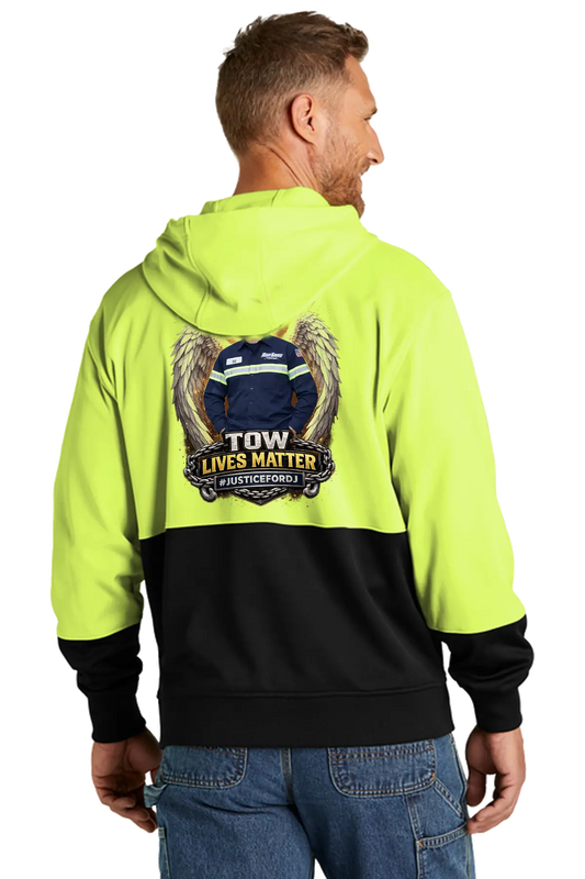 Person wearing a high-visibility hoodie with 'Tow Lives Matter' graphic on the back. #JUSTICEFORDJ - Paper Street Print Co, Blairstown, NJ.