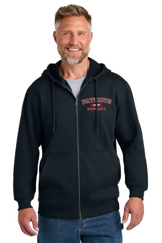 Man wearing a black hoodie with 'Patriots' text on a white background. Paper Street Print Co, Blairstown, NJ.