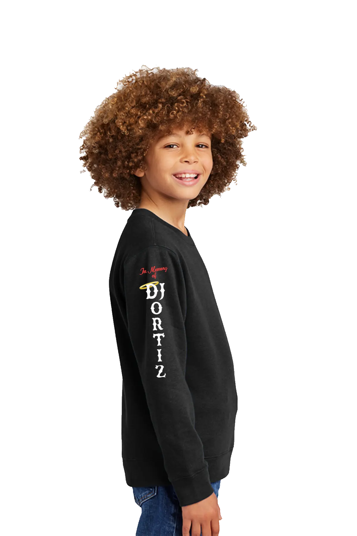 Child wearing a black sweatshirt with a logo and text on a white background. #JUSTICEFORDJ - Paper Street Print Co, Blairstown, NJ.